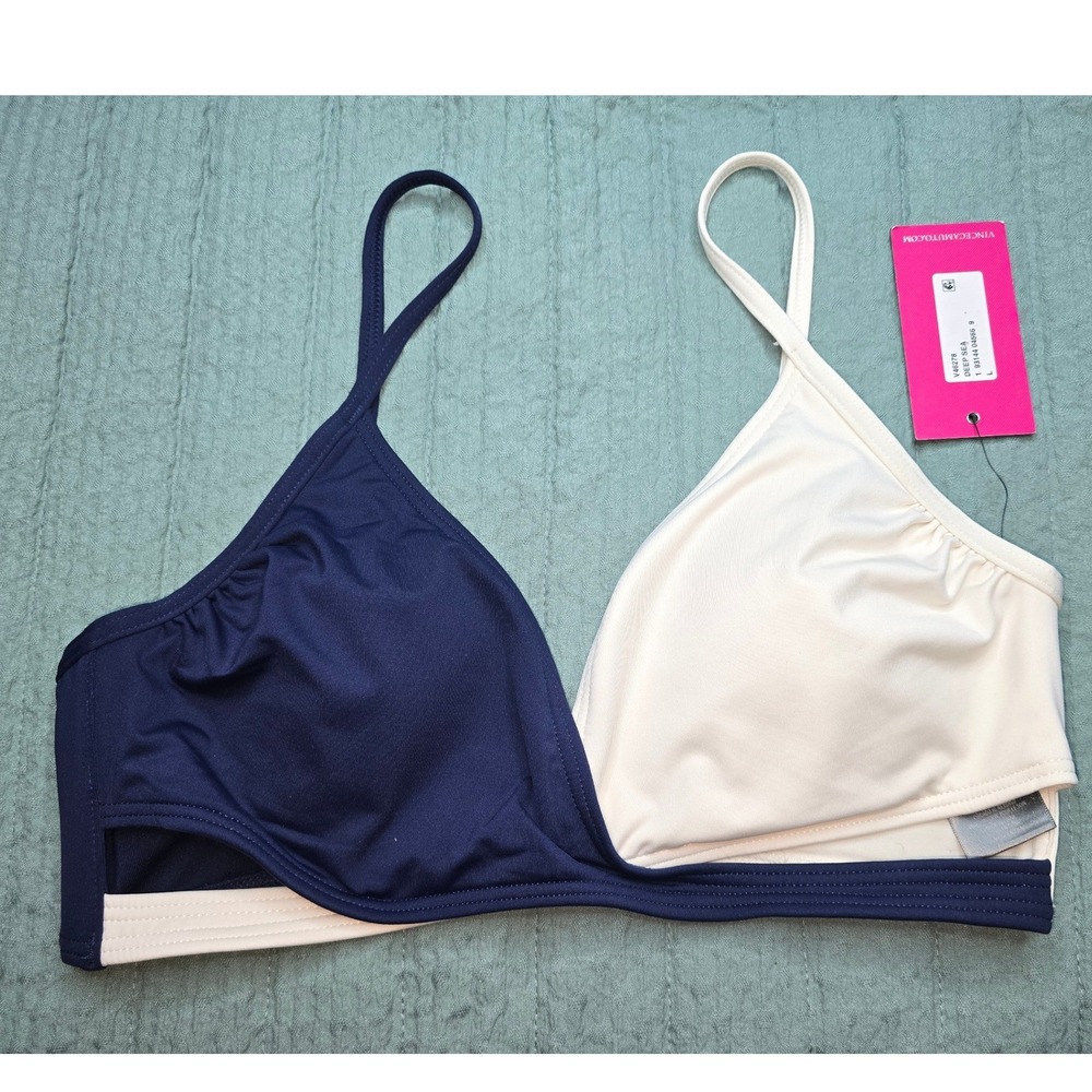 NWT Vince Camuto Surf shades Wrap Bikini Top Navy White Colorblock Swim Size L